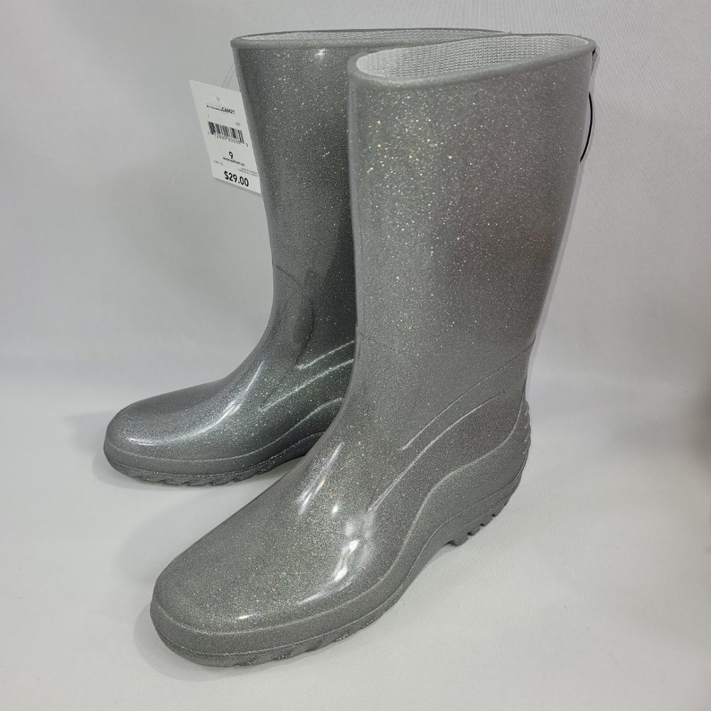 George Silver Sparkle Rubber Boots Womens size 8